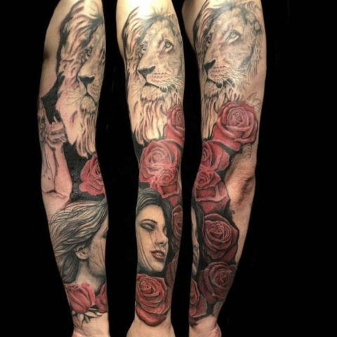 sleeve tattoo, roses tattoo, lion tattoo