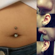 pinky piercings, belly button piercing, nose piercing, lobe piercing, piercing with needles.