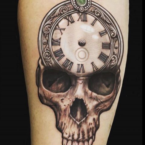 skull and time piece tattoo, clock tattoo, pocket watch tattoo