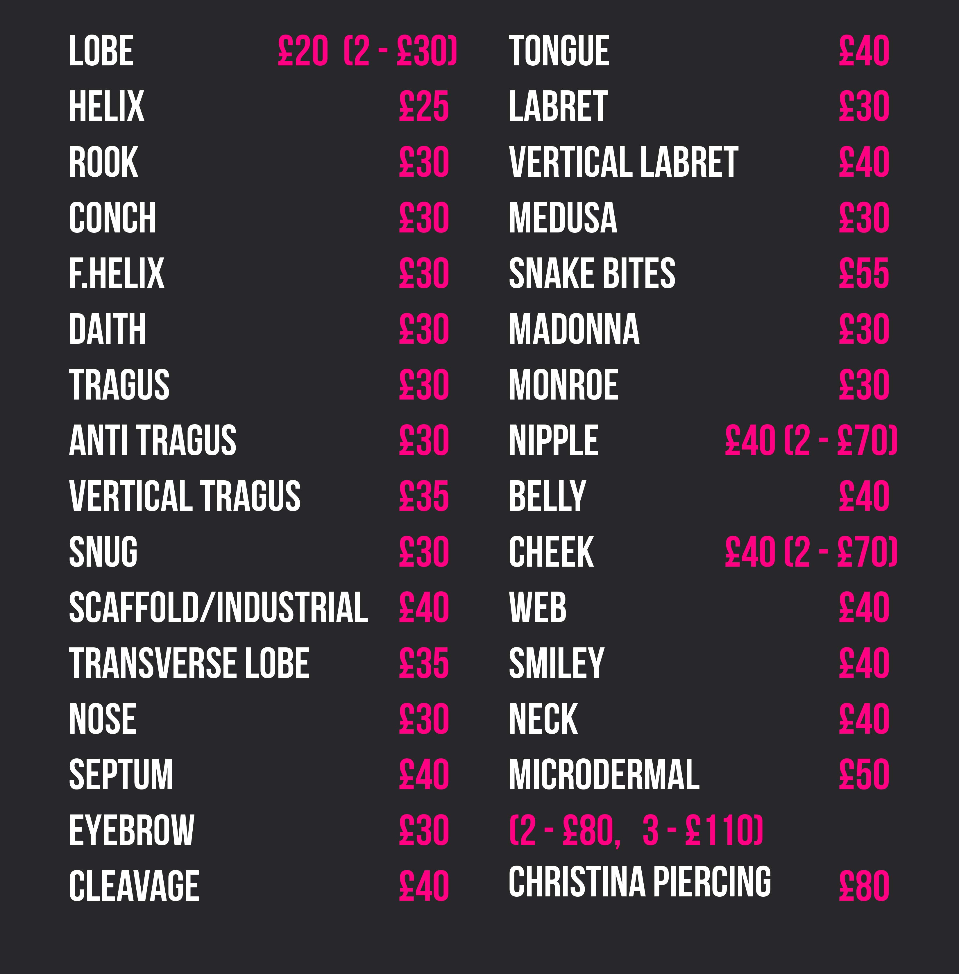 Price list Prophecy Tattoo Studio