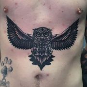 owl tattoo, stomach tattoo, detailed tattoo, tattoo studio in woodford