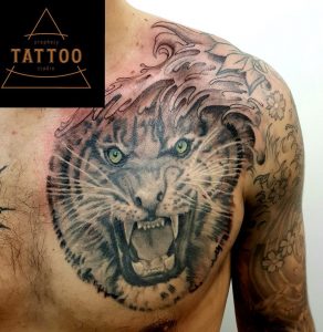 tiger tattoo, chest tattoo, tattoos for men, cool tattoos, realistic tattoos
